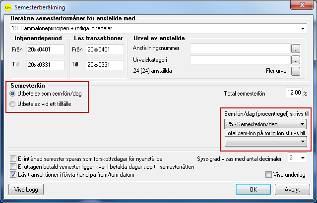 Läs Transaktioner När programmet ska göra en beräkning av semesterersättning på rörliga lönedelar anger du i fältet Läs transaktioner vilket datumintervall som ska ligga till grund för denna