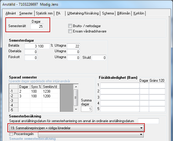 Anställda - fliken Semester Här är det viktigt att du väljer rätt semesterrätt och semesteravtal. Om personen har barn ska dessa namnges i fälten Barn 1, Barn 2 osv.