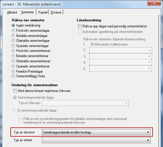 Semesterlönegrundande inkomst Semesterlönegrundande inkomst hämtas från lönearter med den här inställningen på semesterfliken.