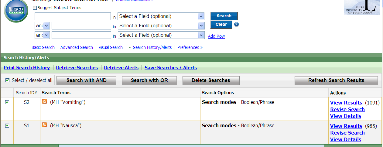 Med ett klick på Search hittar vi termen Efter att ha bocka i rutan till vänster är det bara att klick på search för att se antalet artiklar. I detta fall 985.