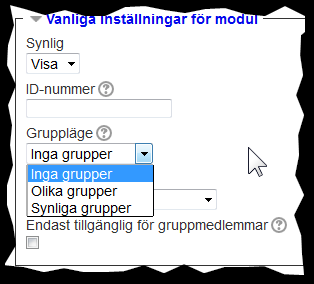 Vanliga inställningar för modul engelska: Common module settings Läs även materialet på: http://docs.moodle.