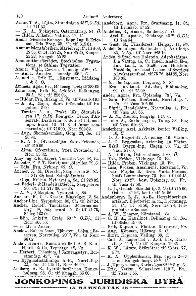 150 Arninoff-Anderberg. Aminoff, A., Löjtn., Strandvägen 43 Iv,0.Dj.; Andeborg, Anna, Fru, Svartmang. 11, Si.; tlf 711 33. tlf Brunkeb. 4752. - K. A.,..Sjökapten, Östermalmsg. 84, O. Andelius, B.
