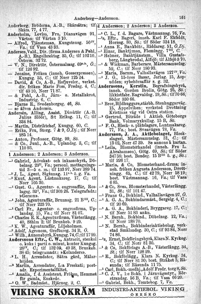 ,. Anderberg-Andersson. Anderberg,,'Broderna, A.-B., 8kärsätraj tlf:å Andersson j 2 Anllerson; 3 Anderzon. ' \ Skärs. 77, 477. ------------------ A~derholm, Lovisa, Fru, Dianavägen 91, _1 C. L., f. d.