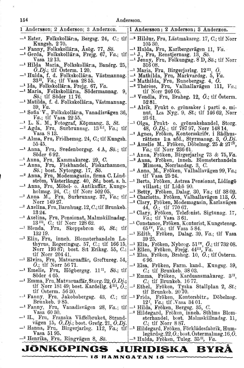 154 Andersson. 1 Andersson; 2 Anderson; 3 Anderzon. 1 Andersson; 2 Anderson; 3 Anderzon. _, Ester, Folkskollär:a, Bergsg. 24, C; tlf -~ Hildnr, Fru, Lästmakareg. 17, C.; tlf Norr Kungsh. 2 70. 10530.