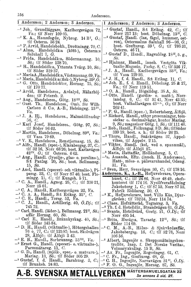 156 Andersson. l Andersson; 2 Anderson; 3 Anderzon. Il Andersson; 2 Anderson; 3 Anderzon. ~. Joh., Grundläggare, Karlbergsvägen 72, -' Gustaf, Handl., S:t Er!.ksg. 42, C.; tlf -' Va.; tlf Norr 10905.