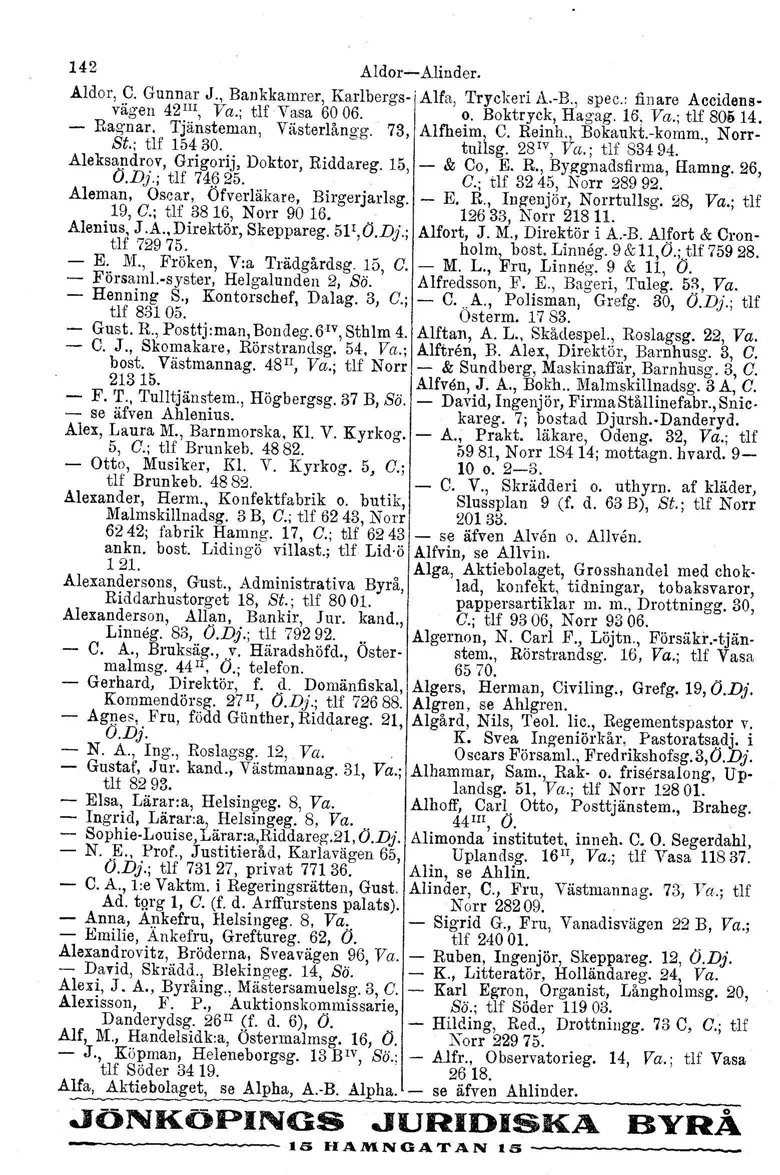 142 Aldor-Alinder. Aldor, C. Gunnar J., Bankkamrer, Karlbergs-j Alfa, Tryckeri A.-B., spec.: finare Accidensvägen 42 III, Va.; tlf Vasa 6006. o. Boktryck, Hagag. 16. Va.; tlf 806 14. - Rag'nar.