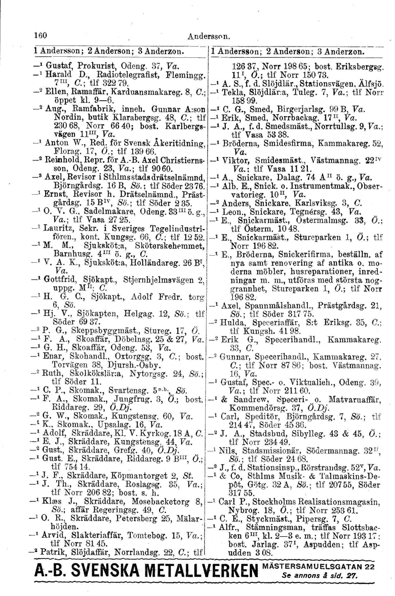 160 Andersson. 1 Andersson; 2 Anderson; 3 Anderzon. 11 Andersson; 2 Anderson; 3 Anderzon. "~-------I -' Gustaf, Prokurist, Odeng. 37, Va. I 12637, Norr 19865; bost. Eriksbergsg. -' Harald D.