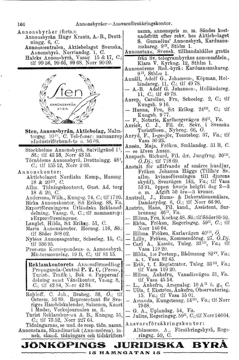 16(; Annonsbyråer-- Ansvarsförsäkringskontor. Annonsbyråer (forts.i: namn, annonspris m. m. Sändes kost- Annonsbyrån Hugo Krantz, A.- B., Drott- nadsfritt efter rekv. hos Aktiebolaget ningg, 6, C. S. Gumeelius' Annonsbyrå, Karduans- Ånnonscentralen, Aktiebolaget Svenska, makareg.