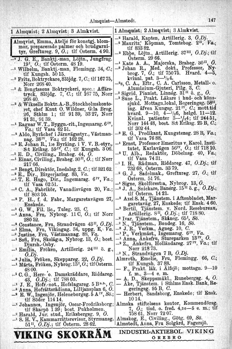 Almquist- Almsted t. 147 :,1 Almquist; Z Almqvist; 3 Almkvist. 1 Almquist; Z Almqvist; 3 Almhist. Almqvist, E A' 1< Harald, mma, telje or konstgj. blom- _' Mauritz; Kapten, Artillerig. 3, O.Dj.