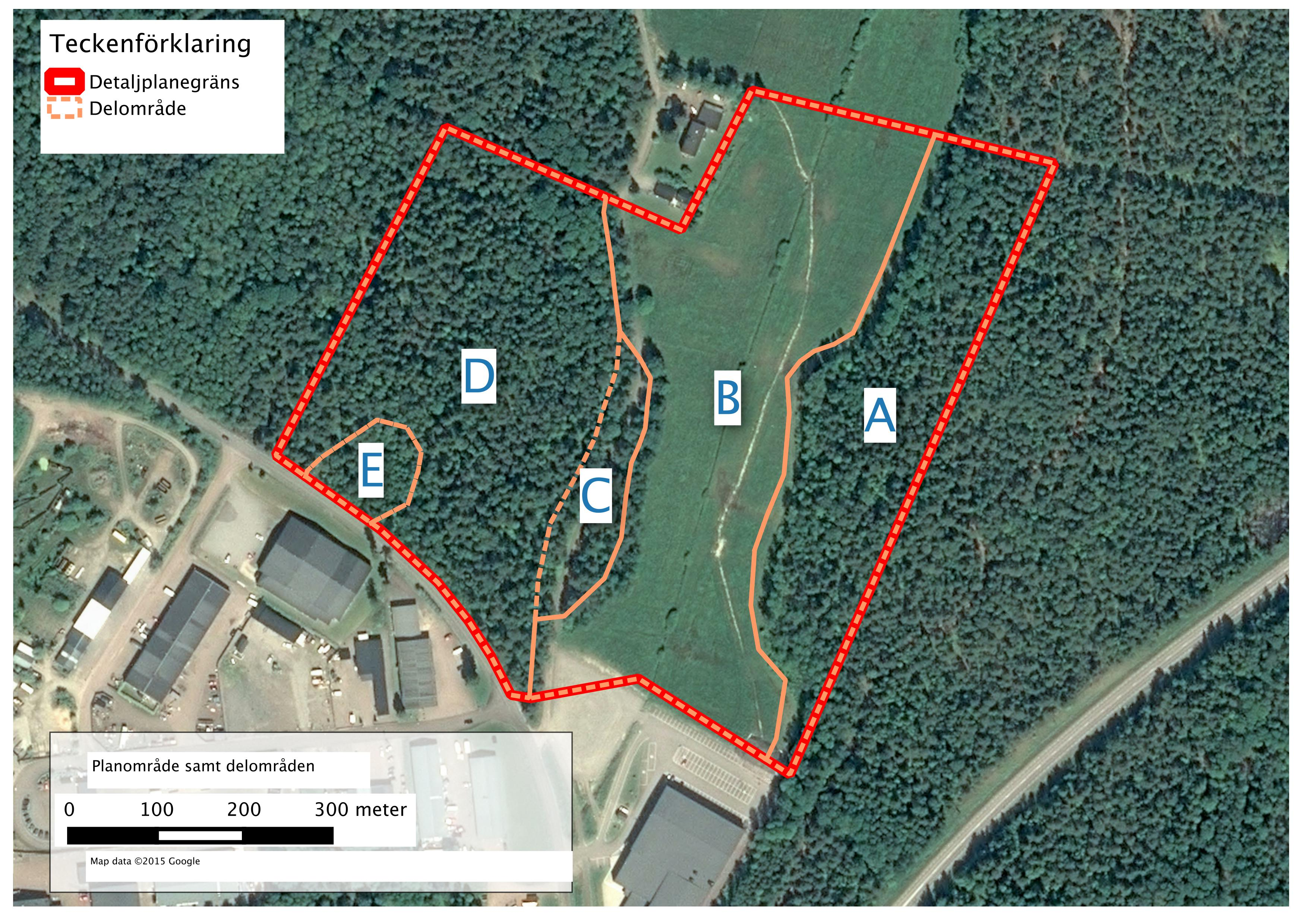 Karta över utredningsområdet med gräns för delområden markerat. 4.1 Delområde A Delområdet består av ett större skogsområde som genomkorsas av stigar och spår från människor.