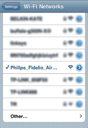 2 Välj Philips Fidelio AirPlay i listan över tillgängliga nätverk.