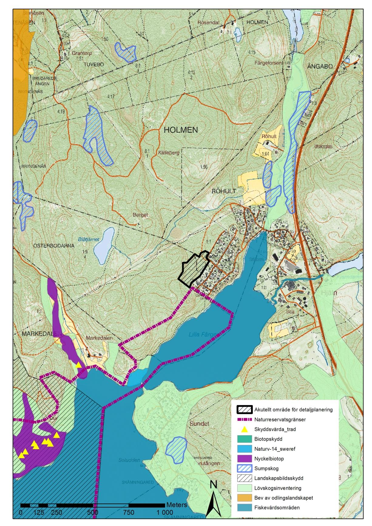 Figur 1. Skyddsvärda områden och faktaunderlag intill aktuellt inventeringsområde vid Blåtjärnsvägen, Alingsås kommun. Precis intill området ligger det nybildade Färgensjöarnas naturreservat.