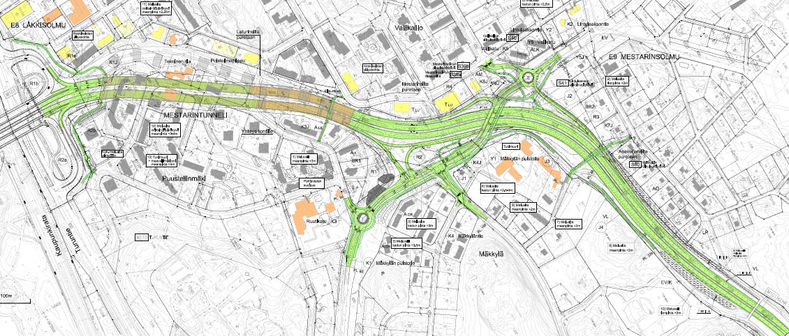 Förbättring av Ring I mellan Åbovägen (väg 110) och Helsingfors stadsgräns Ring I 1,7 km Mästartunneln 0,5 km Mästarknutens planskilda anslutning (ramperna 1,8 km) Ändringsarbeten vid Bleckknutens