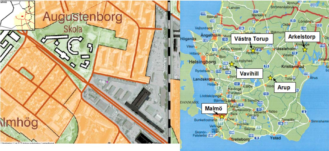 .3 Mätplats Mätningarna i Malmö kommun utfördes på samma plats som tidigare mätningar, vid parkförvaltningens inhägnade område i Augustenborg,,5 km sydost om själva stadskärnan, se Figur 1.