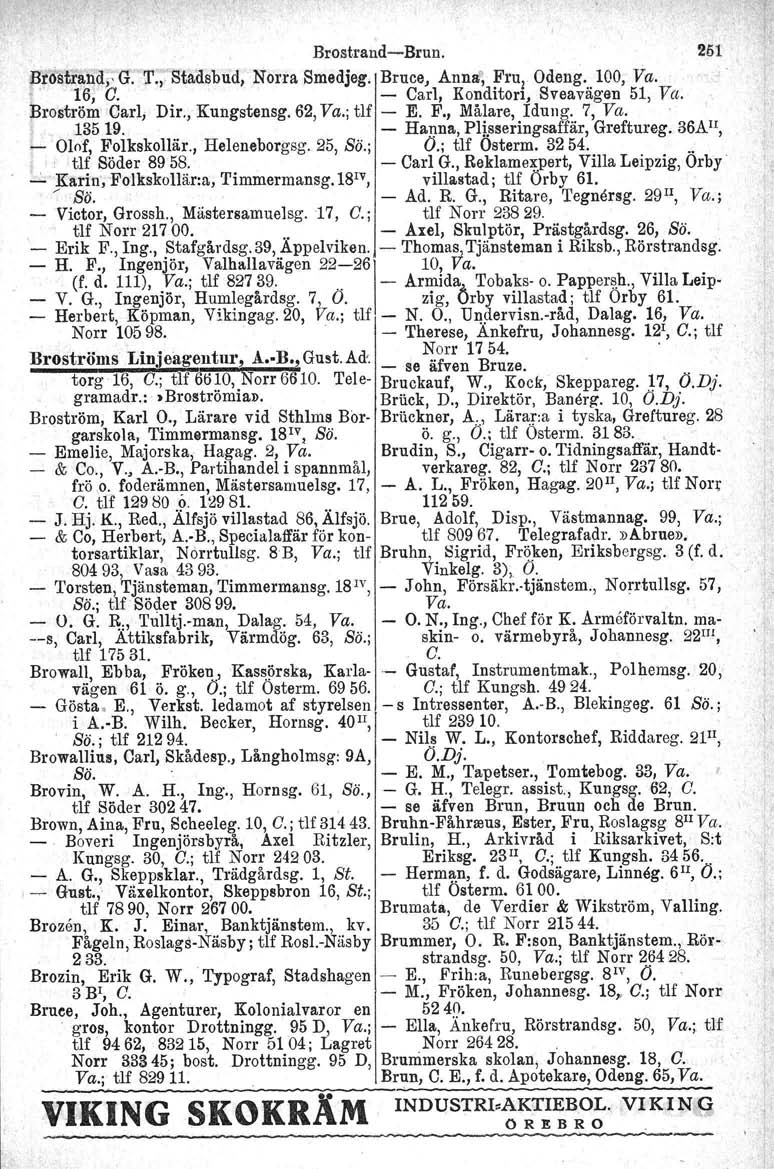 Brostrand-Brun. 251 Brostrand" G. T., Btadsbud, Norra Smedjeg. Bruce} Anna'; FrulOdeng. 100, Va.. "16, O. - Carl, Konditorl, Sveavägen 51, Va. Broström Carl; Dir., Kungstensg. 62, Va.; tlf - E. F., Målare, Idung.
