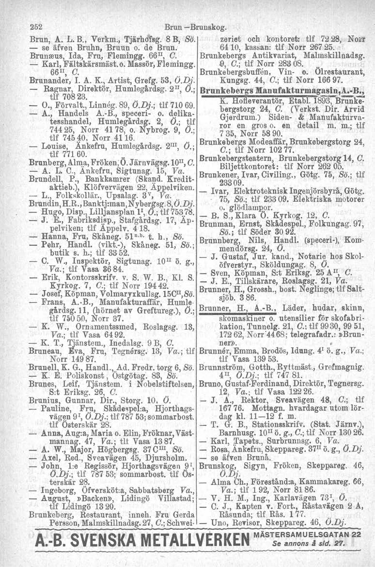 252 Brun -Brullskog. Brun, A. L. 8., Verkm., Tjärhofsg. 8 B, Sä. zeriet och kontoret: tlf 7228, No;:r - se äfven Bruhn, Bruun o. de Brun. 6410, kassan: tlf Norr 26725.' Bruneeus, Ida, Fru, Flemingg.