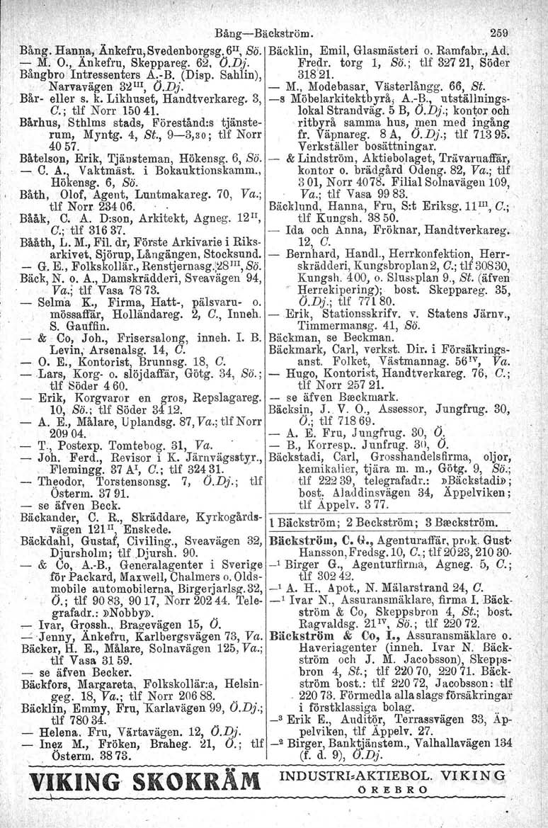 Bång-Bäckström. Bång. Hanna, Änkefru, Svedenborgsg. 6 II, So. Bäcklin, Emil, Glasmästeri o. Ramfabr., Ad. -,M. O., Ankefru, Skeppareg. 62. (J.D}. Fredr. torg 1, Sti.