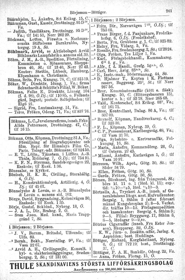 I Börjesson - Böttiger. 261 B~~rnhjelm, L." ÄnkefEu, S:t E~iksg. 15, C. l Börjesson r 2 Börieson. Bäärnnian-Gust., Kassor, Drottmngg. 95 D IV,,.l.. Va. _I Fritz, Dir., Narvavägen 7 III, O.Dj.