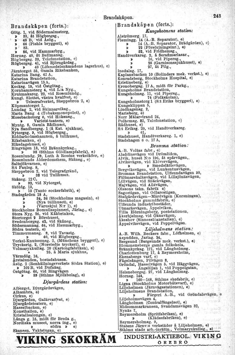 Brandskåpen (forts.): Götg. 1, vid, Södermalmstorg,. D 33, ät Högberllsg., D 48 B, vid Åsög., D 66 (Piehls bryggeri), e)»1 83. l> 86, vid Hammarbyg., Hornsg. 40, åt Bellmansg. Högbergsg.