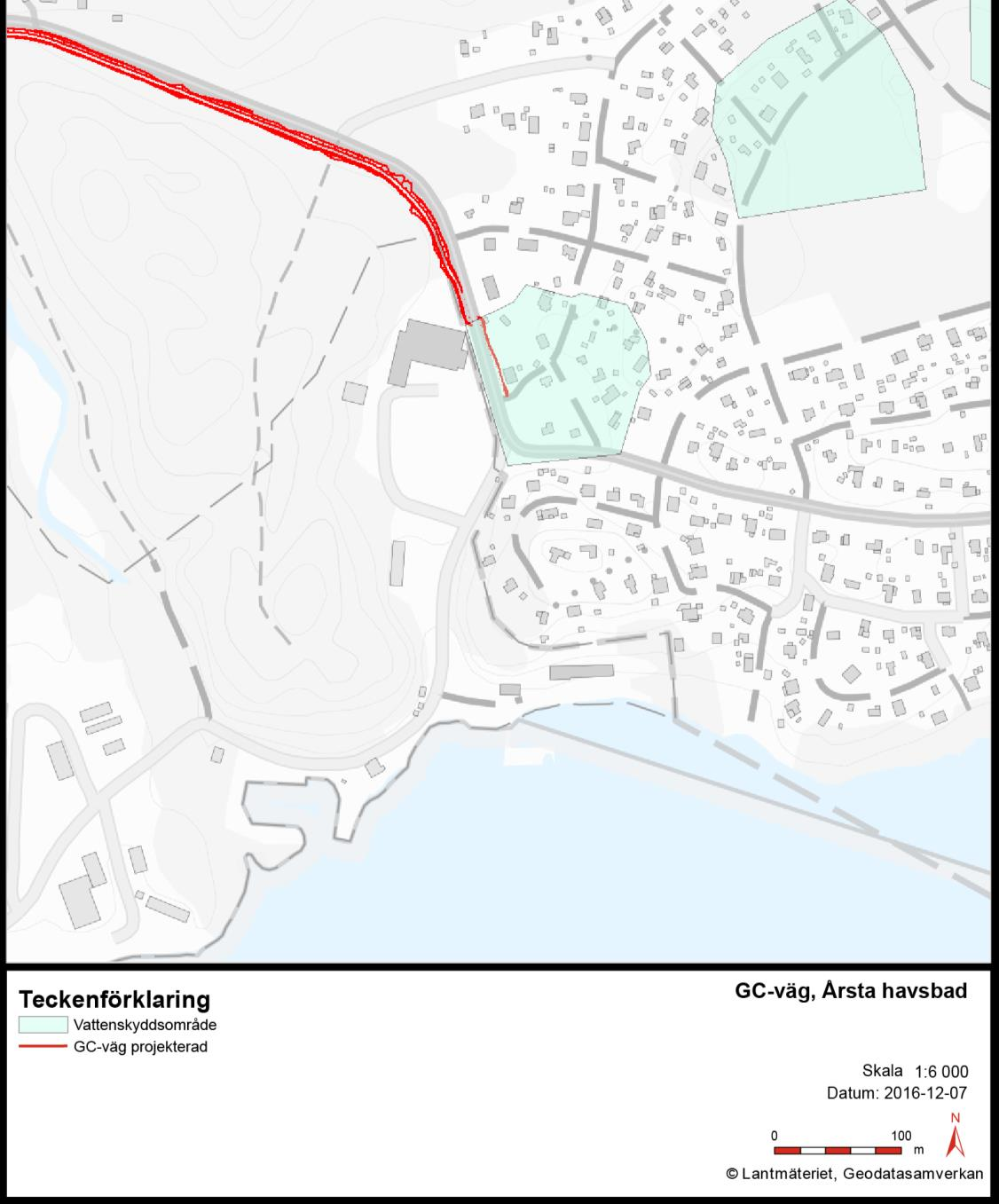 Figur 6. Vattenskyddsområde inne i Årsta havsbad. 3.5.3. Markmiljö I Länsstyrelsens digitala planeringsunderlag rörande förorenade områden finns en f.d. skjutbana noterad strax väster om trafikplats Fors.