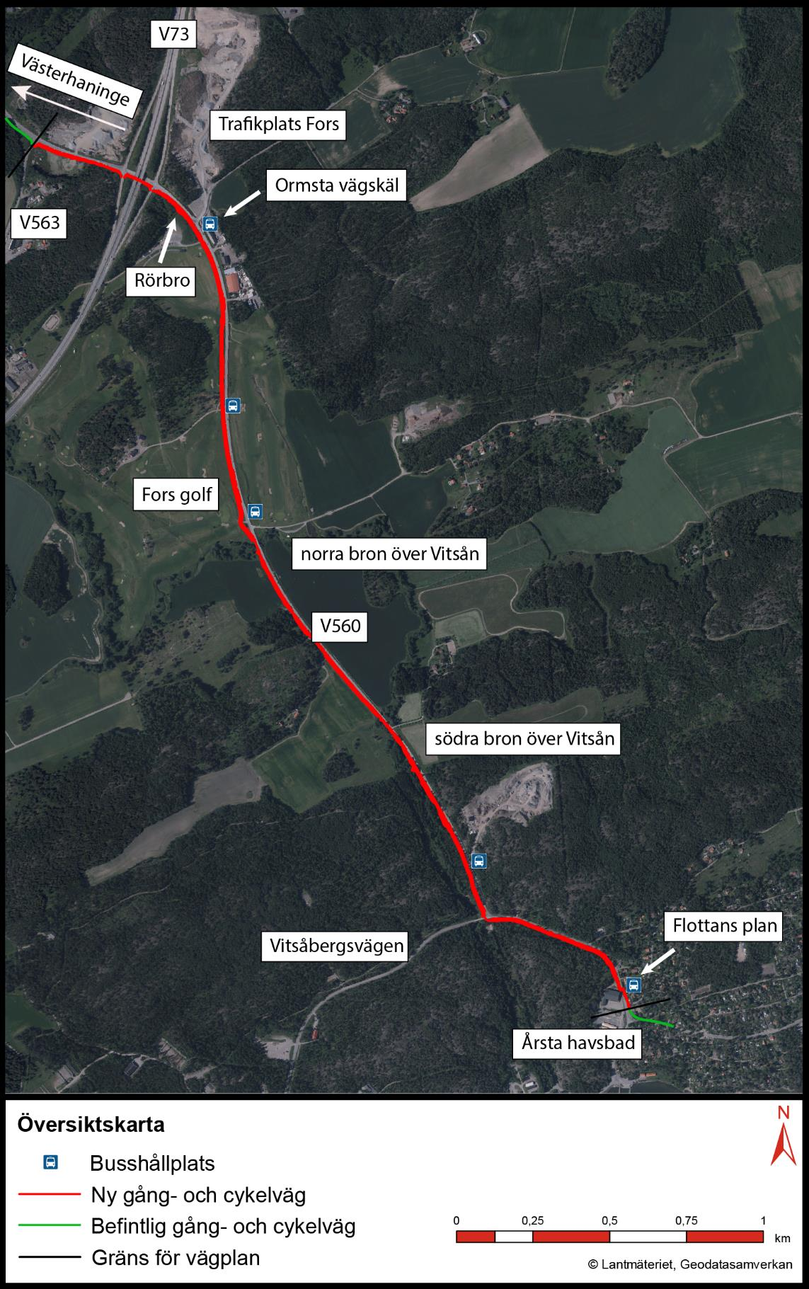 Figur 3. Översiktskarta med den planerade gång-och cykelvägens sträckning.