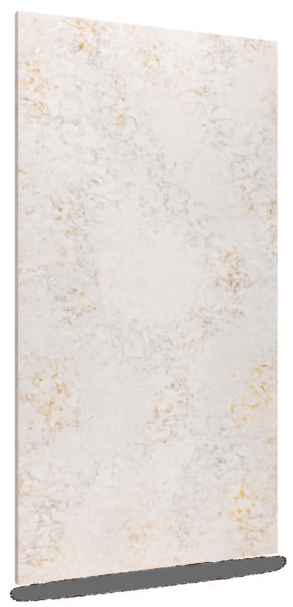 El color Pulsar de Cosentino ornamenta el blanco de cuarzo limpio con vetas que combinan los previsibles y delicados grises con algo de color que va desde los beiges a los reflejos mostaza.