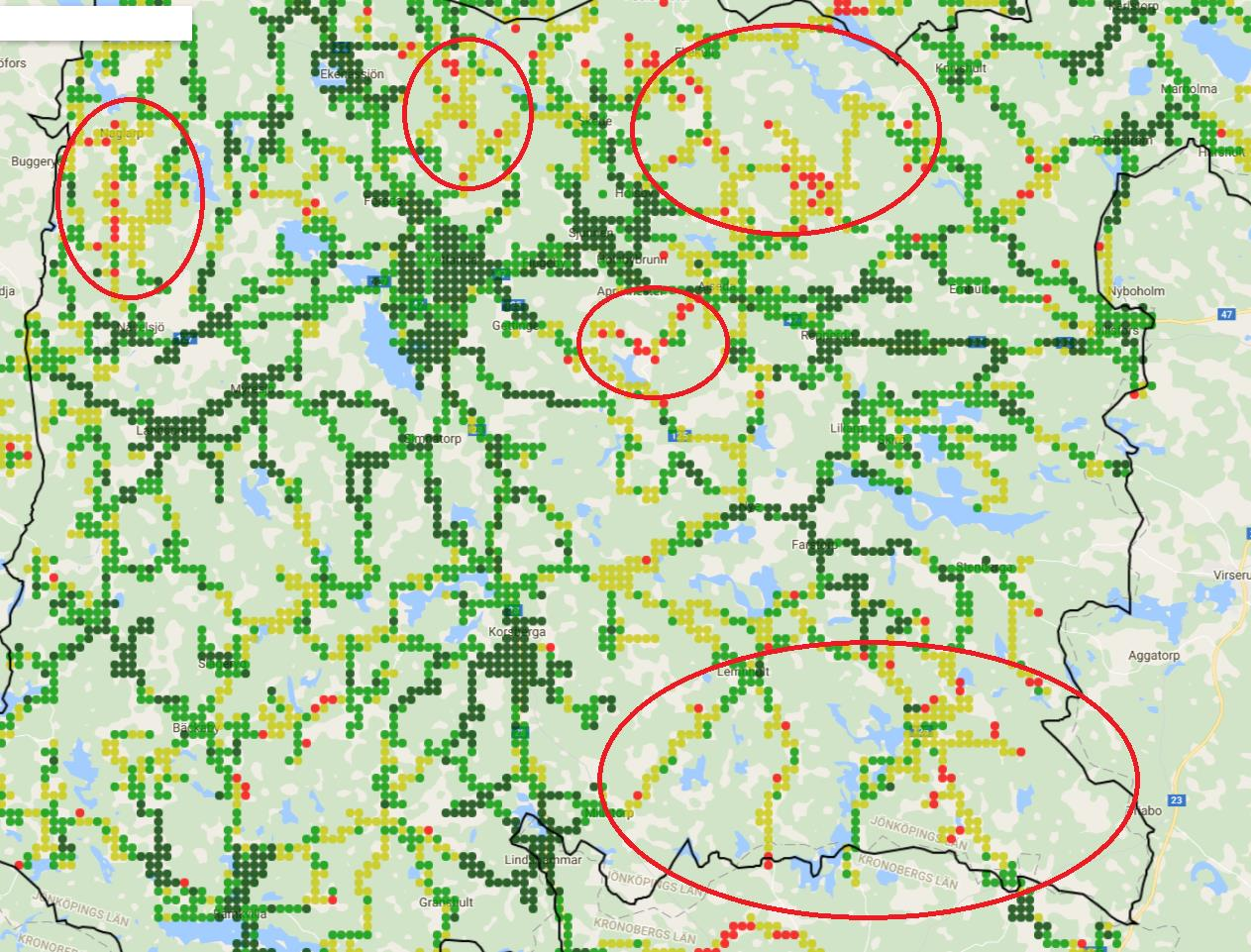 Sammanfattning Sett till hela så har alla operatörer relativt bra täckning, men precis som i många andra kommuner runt om i Sverige så finns det områden där täckningen kan förbättras.