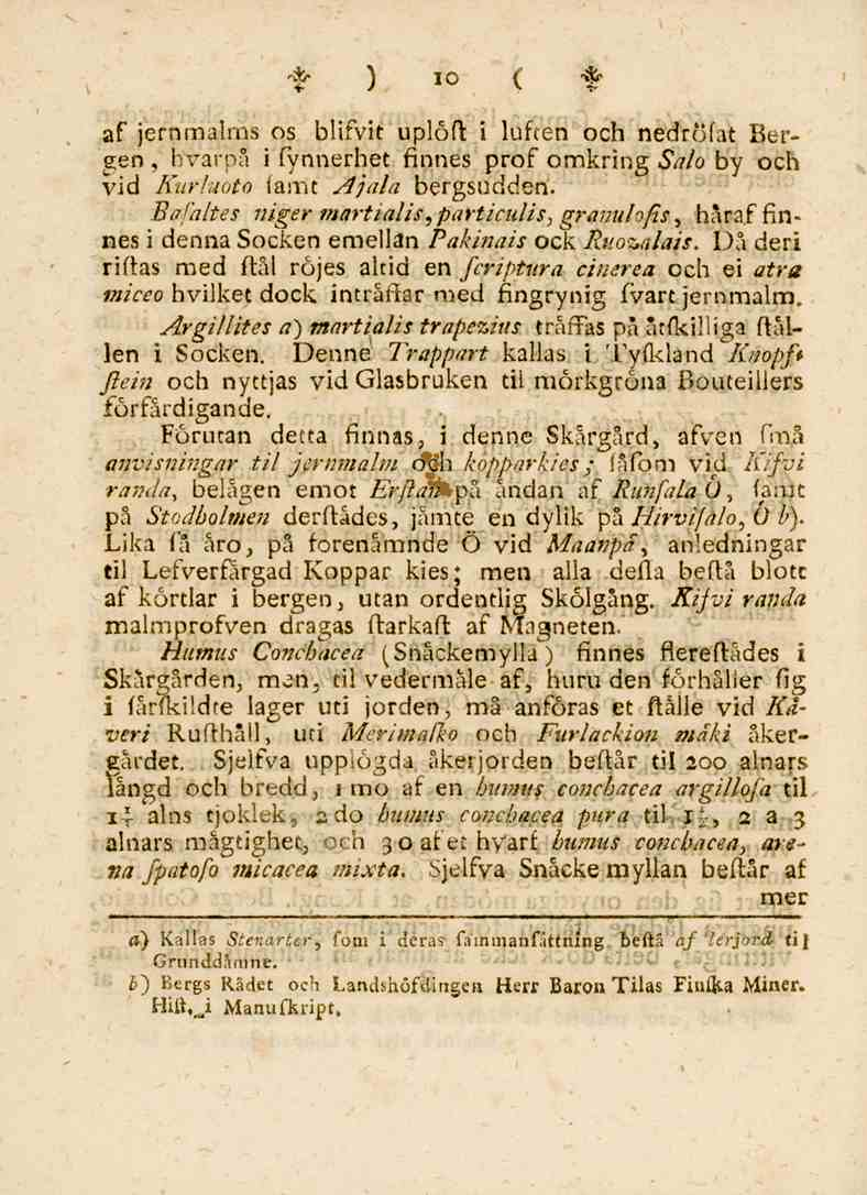 *$" ) I 0 ( "I" af jernmalms os blifvit uplof. i luften och nedröfat Bergen, h varpå i fynnerhet finnes prof omkring Salo by och vid Kurluoto famt Ajala bergsudden.