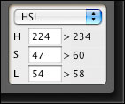 Färgvisningsläge Du kan välja färgvisningsläge mellan tre alternativ (HSL, Lab och RGB) som bas för färginställningar och som kontrollvärden mot inställda färger.