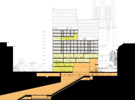 Sektion (med Klarabergsgatan till vänster) med stationsanläggningens rulltrappor som kommer upp från Citybanan och ansluter till