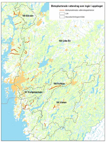 Inledning Sveriges Sportfiske- och Fiskevårdsförbund (Sportfiskarna) har på uppdrag av Länsstyrelsen i Västra Götalands län biotopkarterat 18 vattendrag tillhörande fyra olika huvudavrinningsområden