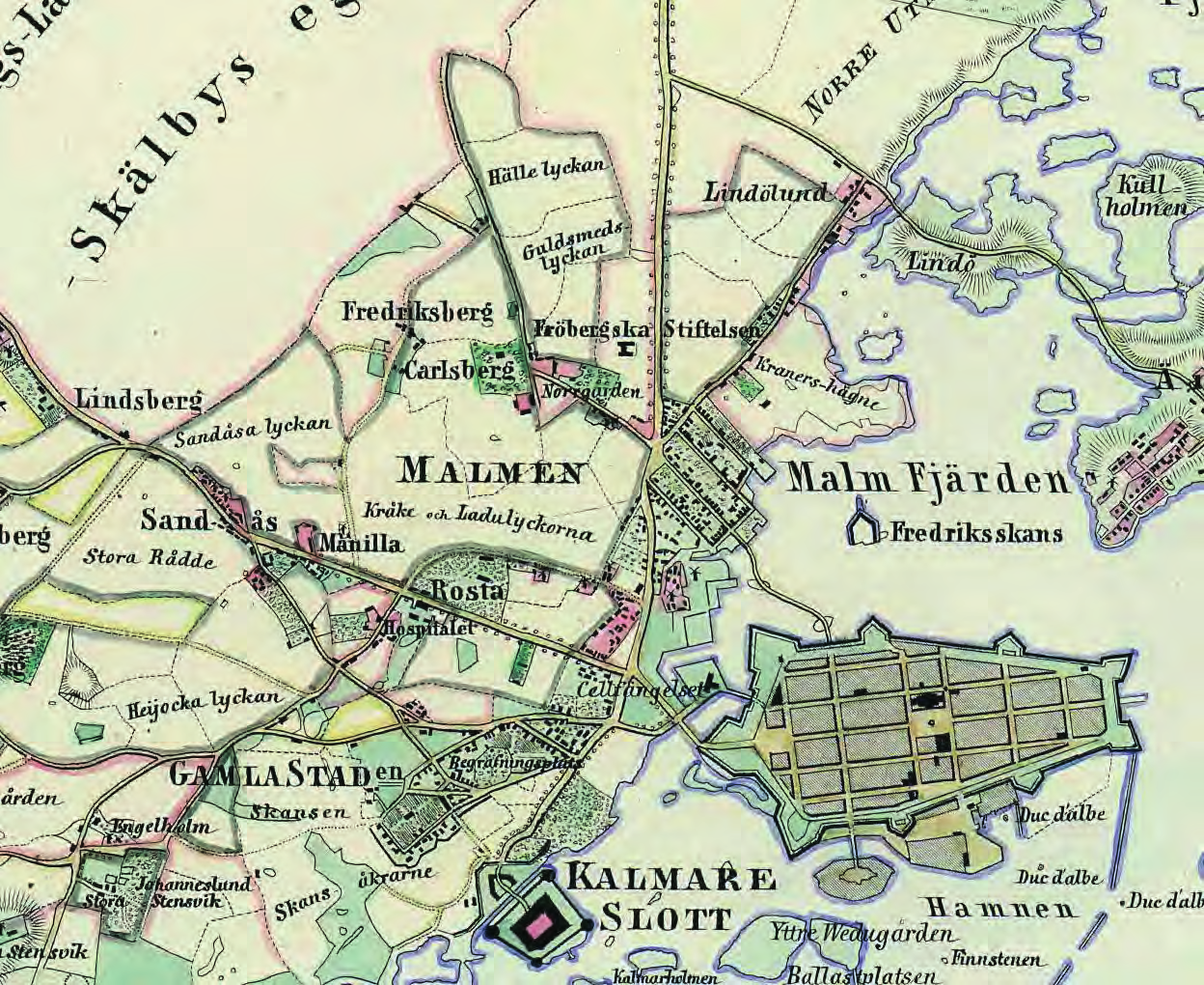 Karta 1854 (Ljungren). Fröbergska stiftelsens byggnation syns på bilden (Norrgård). År 1839-40 uppfördes Carlsbergs huvudbyggnad med omgivande park, vilket också finns markerat på kartan.