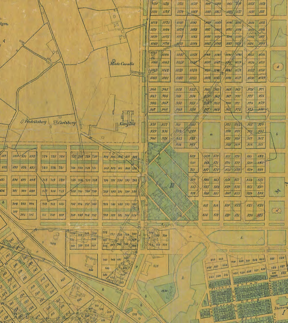 1877 års stadsplan med Carlsberg, Norrgård och Monte Cavallo, ännu belägna så att säga utanför