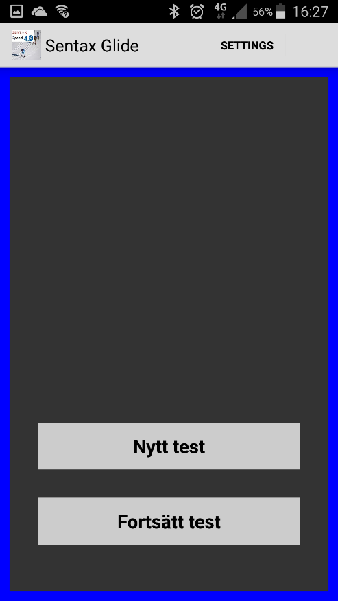 Startsida på Appen, till vänster om man har ett påbörjat test, till höger om man väljer Nytt test eller ej har ett påbörjat test Ange följande: Plats: Testtyp: Snötyp: