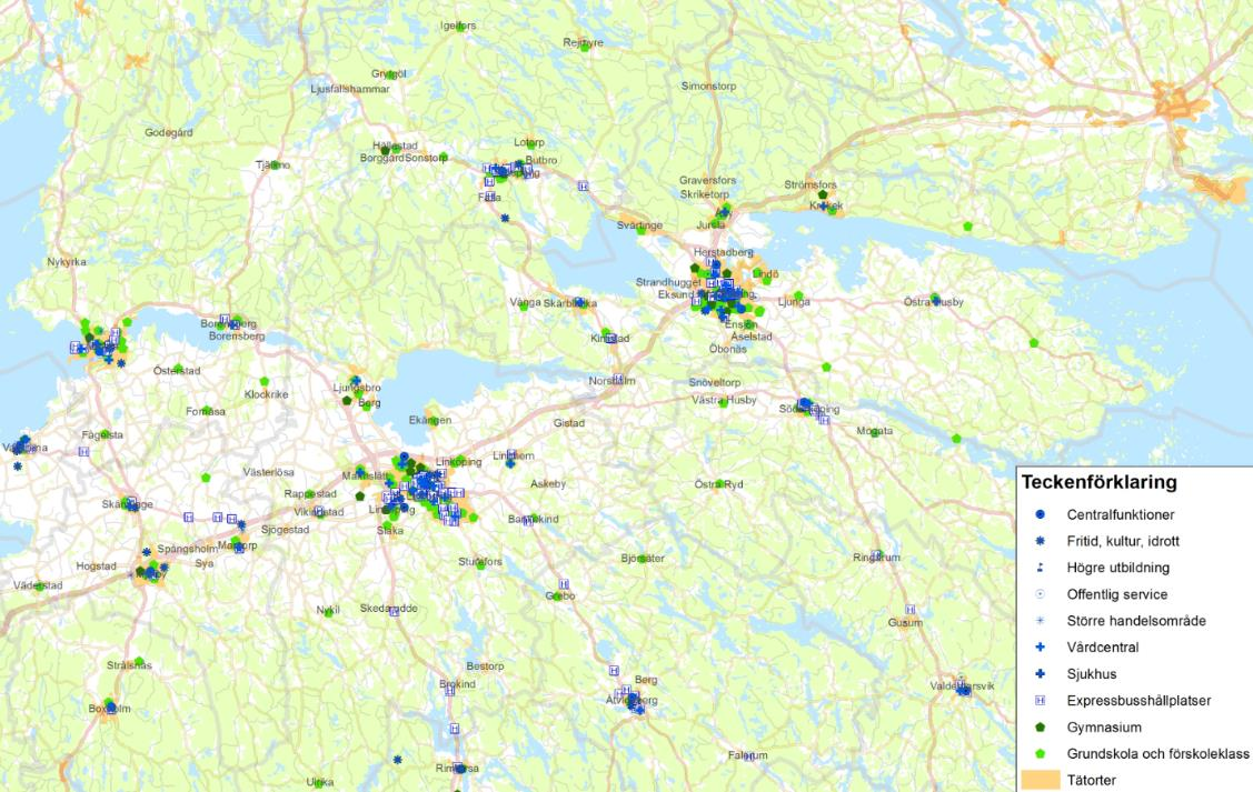 27 Trivector Traffic Potential för cykling till övriga målpunkter Med hjälp av kommunerna i Östergötland har en sammanställning av regionalt viktiga målpunkter tagits fram.