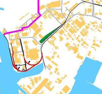 Alternativ D4 enligt utredningen för nya järnvägsspår inom Västra och Östra industriområdet. Den nya positionen för uppställningsplats av vagnar är markerat i grönt.