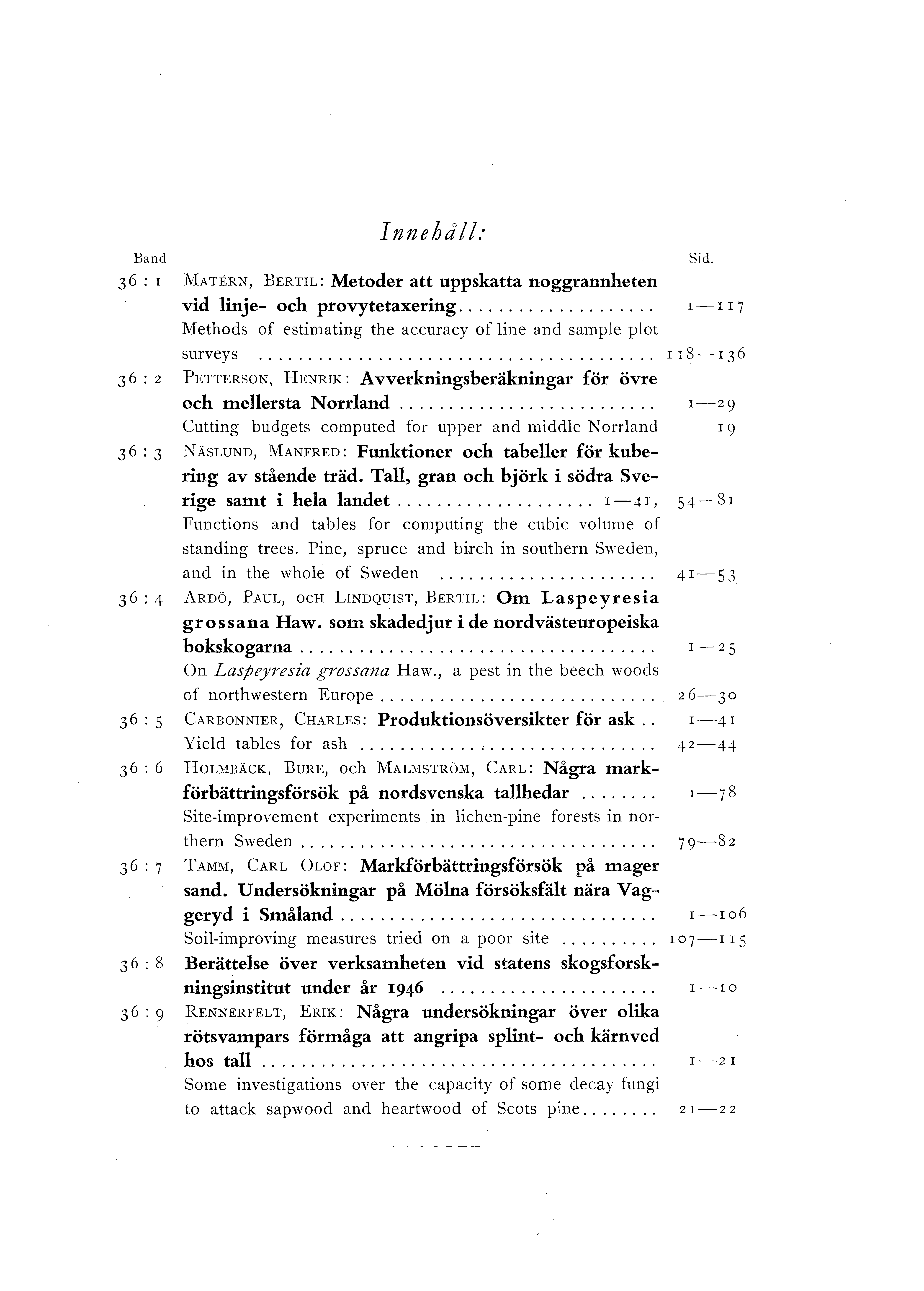 Band Innehå: 3 6 : I MA TERN, BERTIL: Metoder att uppskatta noggrannheten vid inje- och provytetaxering................... Methods of estimating the accuracy of ine and sampe pot Sid. r-r I7 surveys.