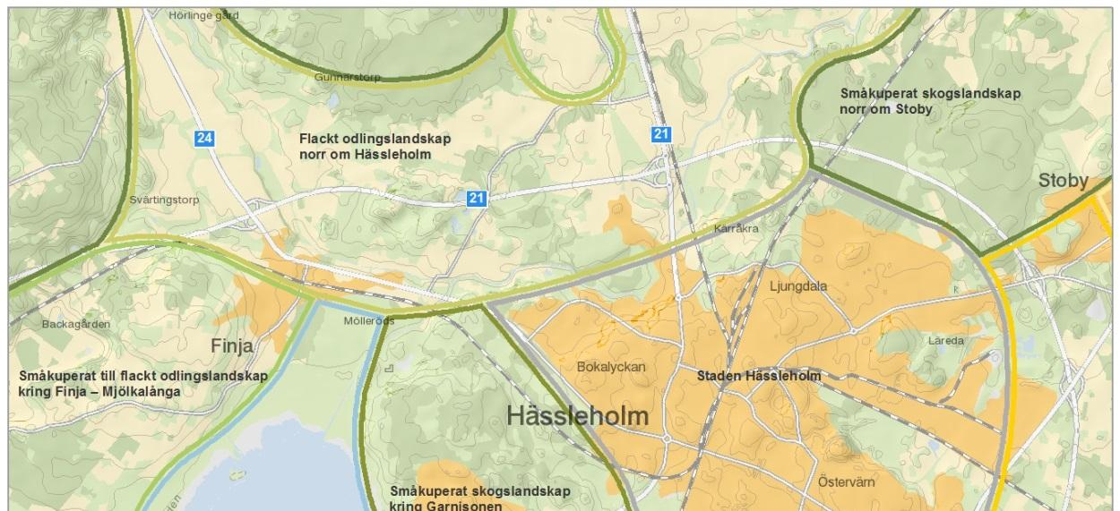 Figur 28. Landskapskaraktärsområden Hässleholm. Hässleholm ligger till största delarna inom landskapstypen mosaiklandskap, men de östra delarna gränsar mot slättlandskapet.