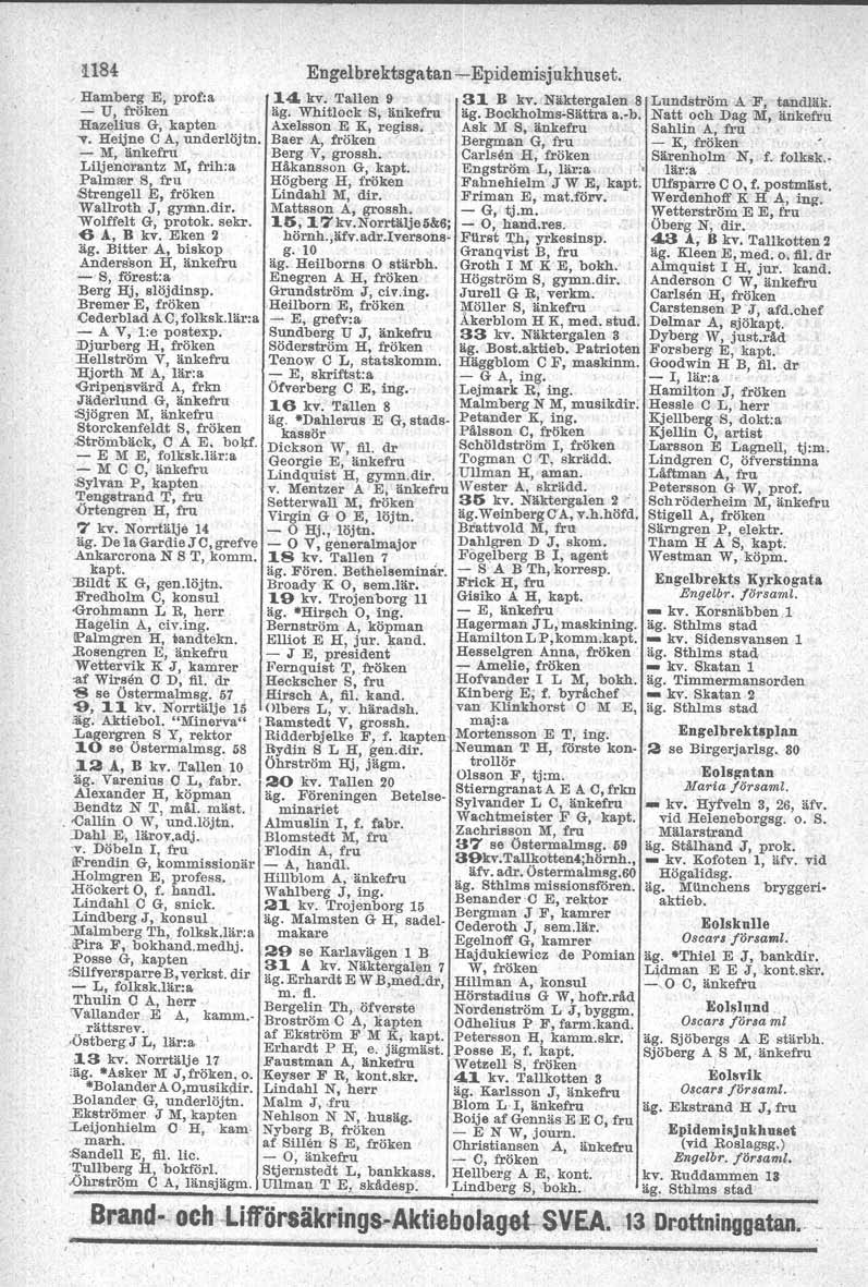 ", 1.184 Engelbrektsga tan -Epidemisjukhuset. Hamberg E, prof:a 14 kv, Tallen 9 31 B kv. Näktergalen 8 Lundström A F, tandläk. - D, fröken äg. "lvhitjocks, änkefru äg. Bockholms-Sättra a.vb.
