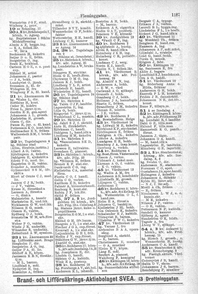 Wernström J G F, stud. Winberg A, prov. 19 se Scheeleg. 17 20 Å, Bkv.Brädstapeln 7, hörnh, v. Agneg. äg. Baptisternas i Sthlm MödrafQrening Almin A:E, byggn.ing. - K A, folksk.lär.