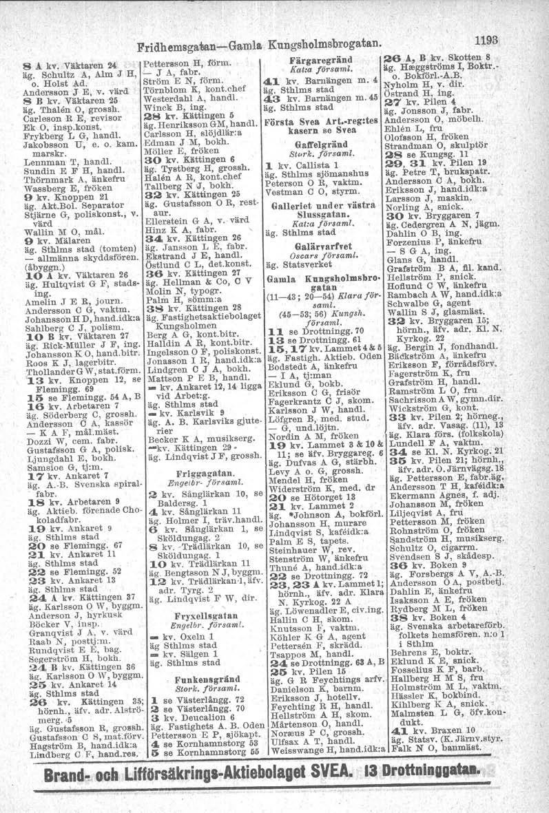Fridhemsga1lan-Gamla Kungsholmsbrogatan. 1193 8 Å kv. Väktaren 24 Pettersson H, förm. Färgar.gränd 26 Å, B kv. Skotten 8 äg. Schultz A, Alm J H, _ J A, fabr, Kat:a församl. äg. Hreggströms I, Boktr.