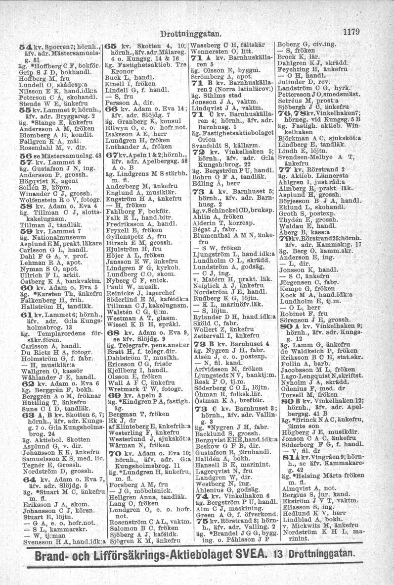Drottninggatan. 54.kv. Sporren7; hörnh., 61$ kv. Skotten 4, 10; Wassherg C H, fältskär Boberg G, civ.ing. äfv, adr. Mästersamuelsg. öl 6 o. Kungsg. 14 & 16 7~ k kv. Barnhuskälla- Brock K, lär. hörnh., äfv.