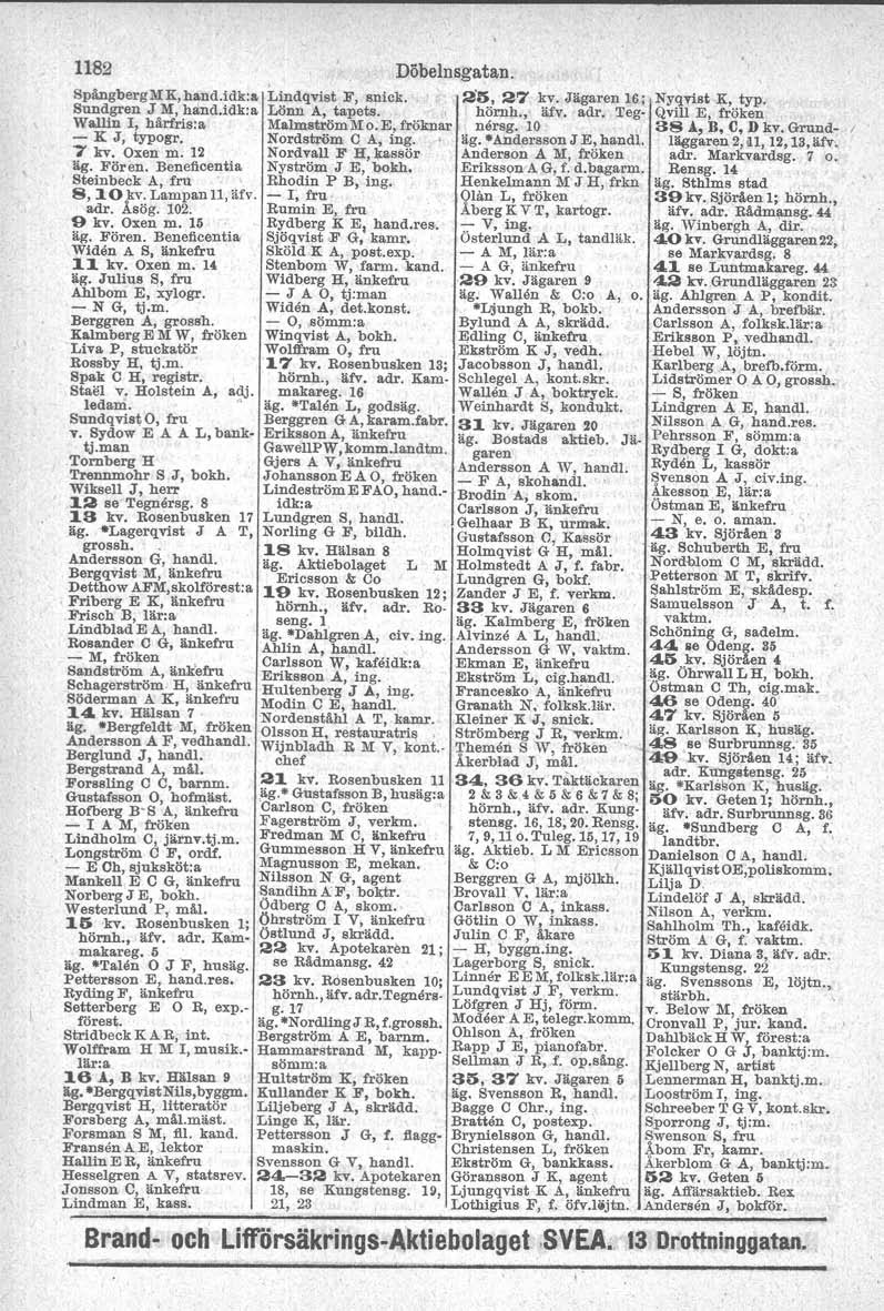 1182 Spångberg MK, hand.idk:a Sundgren J M, hand.idk.a Wallin l, hårfris:a - K J, typogr. '7 kv, Oxen' m. 12 äg. Fören. Beneficentia Steinbeck A, fru ' 8, 10kv. Lampan 11,äfv. adr. Åsög. 102. {} kv.