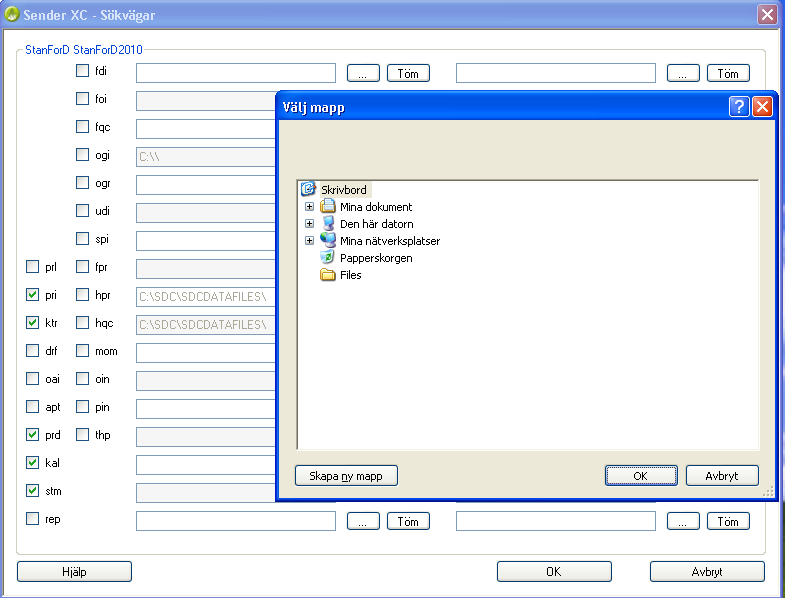 Programinställningar i SDC Sender XC I SDC Sender XC programmet måste man ange vilka filtyper som skall rapporteras och sökväg för dessa.