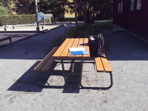 Bild 10: Den befintliga lekplatsen kan göras mer tillgänlig. Bild 11: Bra bänkbord, men bordsändarna borde vara förlängda så plats finns för rullstol. Rastplatser Det finns tre bänkbord i parken.