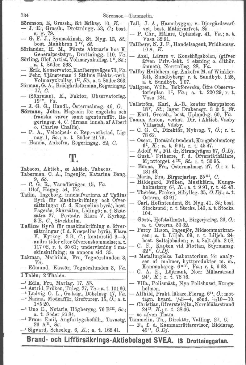 734 Sörenson-Tammelin. Sörensen, E,. Grossh., S:t Eriksg. 10, K. Tall, J. A., Hamnbyggm. v. Djurgårdsvarf- - J. <E" Grossh., Drottningg. 53, G.; bost. vet, bost. Mälarvarfvet, Sö. 8,g.,79. - P. Chr.