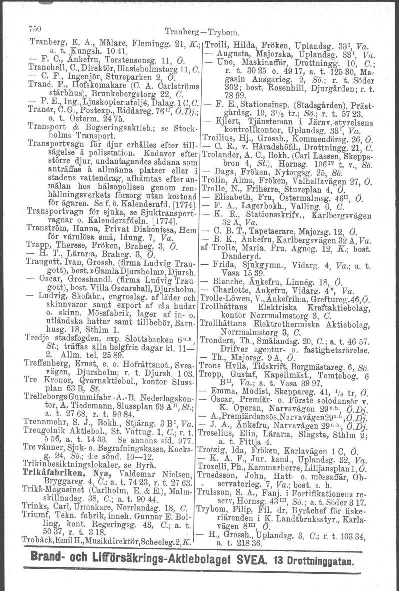 750 Tmnberg-Trybom. Tranberg, E. A, Målare, Flemingg. 21, K.; Troili, Hilda, Fröken, Uplandsg. 331, Va. a. t..kungsh. 1041. - Augusta, Majorska, Uplandsg. 33r, Va. - F. C., Ankefru, Torstensonsg.