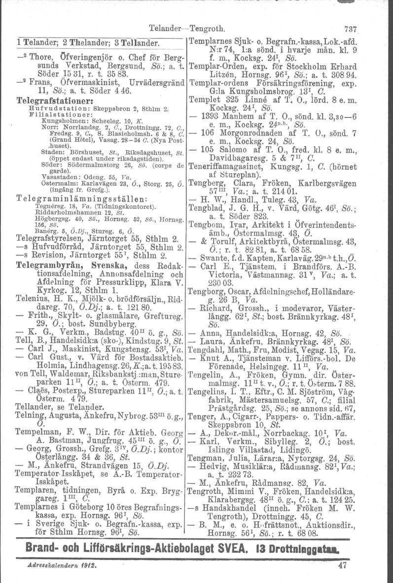 - Telander-Tengroth. 737 1 Telande!'" 2 'I'helander: 3 Telhnder,,. Templarnes Sjuk- o. Begrafn.-kassa,Lok.-afd. N:r 74, l:a sönd, i hvarje mån. kl. 9 _2 Thore, Ofveringenjör o. Chef för Berg- f. m., Kocksg.