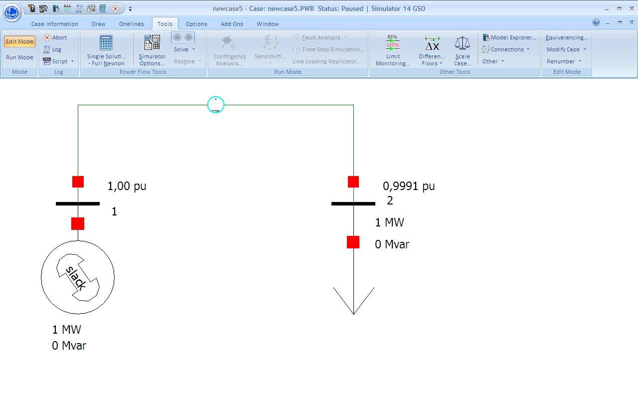 godtycklig, och väljs här till 10 kv. Resultatet syns i figur 4. Simuleringen i Power World ger spänningen V2 0,9991 pu vilket inte överensstämmer med det beräknade 0,8853 pu.