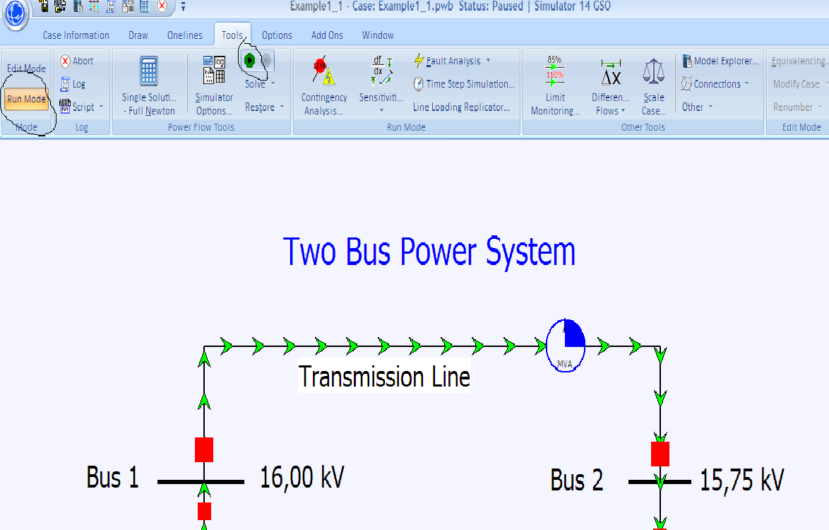 TNXC10 Examensarbete Anders Wårdenius Fig 3. Starta simuleringen i PowerWorld 1.1.3 Simulering De röda kvadraterna representerar brytare.
